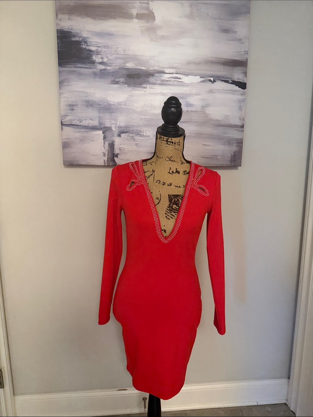 bebe Red Long Sleeve Deep V Rhinestone Trim Bodycon Dress